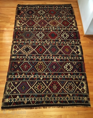 Antique Shirvan Kilim. Last quarter 19th Century. Extremely fine weave. Leathery handle. 5’7” x 9’6”. 10 colors. Carefully washed clean. Ready for the floor or as wall hanging kilim art.   