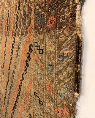 Antique Baluch Rug. Last quarter 19th Century. Alternating Botehs on Camel field. Strong colors throughout including light steel blue, turquoise, apricot and purple. Original condition with no repairs. 12 colors. 5’2” x  ...