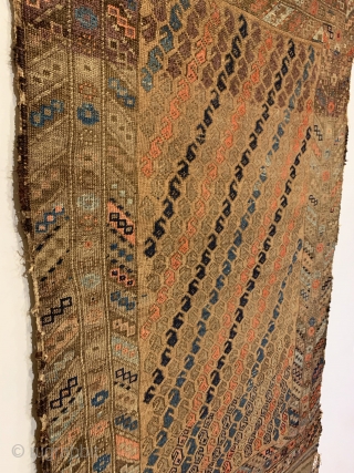 Antique Baluch Rug. Last quarter 19th Century. Alternating Botehs on Camel field. Strong colors throughout including light steel blue, turquoise, apricot and purple. Original condition with no repairs. 12 colors. 5’2” x  ...