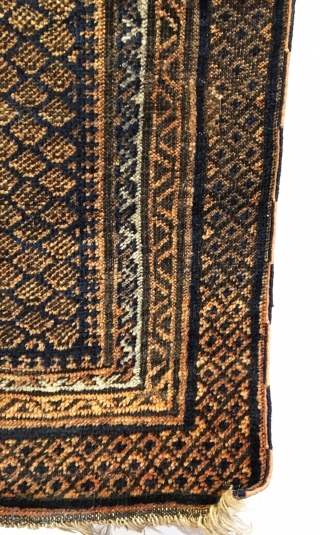 Antique Dokhtar-I-Ghazi Baluch Prayer Rug. Timuri Sub-tribe. Excellent condition considering age with two invisible repairs as shown. Original selvages. 4 colors. 2’7” x 4”1. Carefully hand washed.      