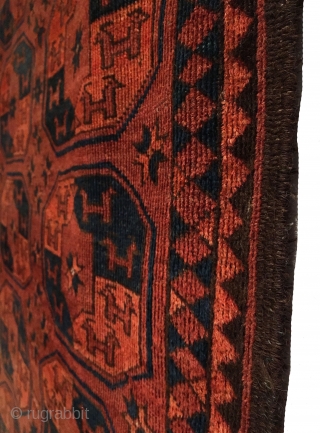 Antique Ersari small main carpet. Early 19th Century. This carpet features a 3x9 gol format ‘tauk-noska’ horned animal heads look in opposing directions. Secondary guls are in the form of star trees  ...