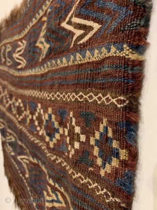 Antique Uzbek Kilim Bagface. Rare size. Horsehair foundation. Rows of alternating colored chevrons and stepped diamonds. Truly tribal, original condition. 6 colors. 1’9” x 2’3”. Professionally hand washed.     