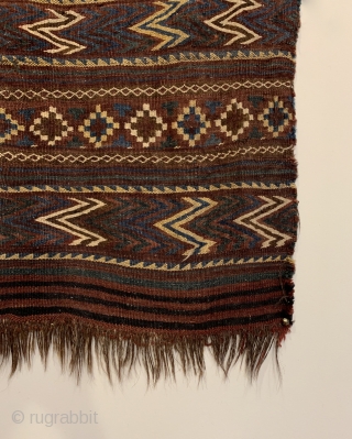 Antique Uzbek Kilim Bagface. Rare size. Horsehair foundation. Rows of alternating colored chevrons and stepped diamonds. Truly tribal, original condition. 6 colors. 1’9” x 2’3”. Professionally hand washed.     
