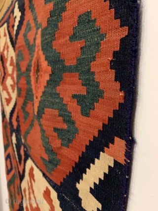 Antique Caucasian Kilim Fragment. 2nd Half 19th Century. Soft dungaree handle. Early addition to top and bottom. 5 colors. Strong green. 3’10” x 3’0”. Professionally hand washed.      