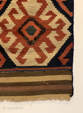 Antique Caucasian Kilim Fragment. 2nd Half 19th Century. Soft dungaree handle. Early addition to top and bottom. 5 colors. Strong green. 3’10” x 3’0”. Professionally hand washed.      