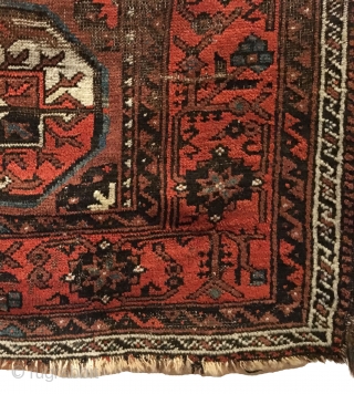 Antique Baluch Rug. Turkmen gols. Early 19th century. Original goat hair selvages, slight loss to ends. Beautiful border with wear to center as shown. 4’ x 6’7. 5 colors. Carefully hand washed.

For  ...