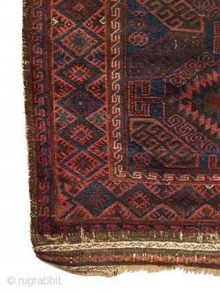 Antique Baluch Prayer Rug. Last quarter 19th Century. Blue ground. Original kilim ends and selvage. Repaired slits at top and bottom right corners. 3’3 x 4’9. 6 colors. Carefully hand washed.  