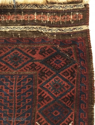 Antique Baluch Prayer Rug. Last quarter 19th Century. Blue ground. Original kilim ends and selvage. Repaired slits at top and bottom right corners. 3’3 x 4’9. 6 colors. Carefully hand washed.  