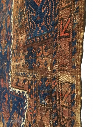 Antique Dokhtar-I-Ghazi Baluch Prayer Rug. Last Quarter 19th Century. Good condition considering age with original sides and selvage. Wear spots to mid field correlates to kneeling wear from prayer. 3’0 x 4’10.  ...