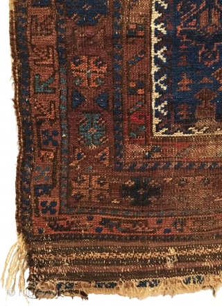 Antique Dokhtar-I-Ghazi Baluch Prayer Rug. Last Quarter 19th Century. Good condition considering age with original sides and selvage. Wear spots to mid field correlates to kneeling wear from prayer. 3’0 x 4’10.  ...