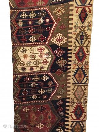 Antique Anatolian Aydinli Kilim Half. Early 19th Century. Konya Region. Beautiful wall art piece or runner. Stunning stacked medallions with great use of color throughout. Wool foundation with cotton in the field.  ...