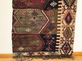 Antique Anatolian Aydinli Kilim Half. Early 19th Century. Konya Region. Beautiful wall art piece or runner. Stunning stacked medallions with great use of color throughout. Wool foundation with cotton in the field.  ...