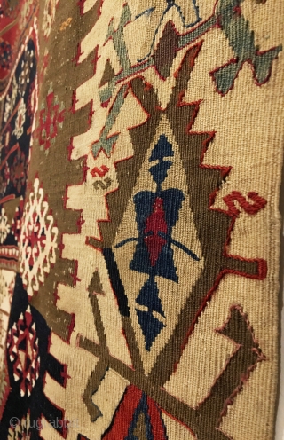 Antique Anatolian Aydinli Kilim Half. Early 19th Century. Konya Region. Beautiful wall art piece or runner. Stunning stacked medallions with great use of color throughout. Wool foundation with cotton in the field.  ...