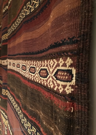 Qala-i-Nau Baluch Kilim.  Circa Antique.  Two piece kilim design.  4 cord wide selvage.  Excellent condition.  2 repairs as shown.  6 colors.  91 x 55.   ...