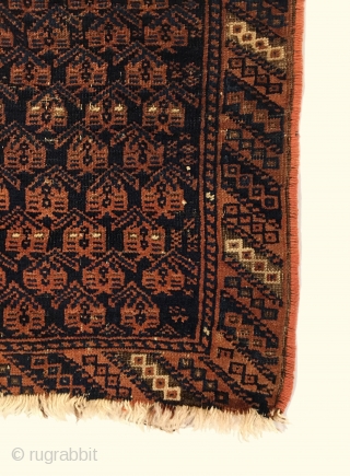 Antique Timuri Baluch Balisht. Circa 1900. Botehs sit on dark blue field. Great condition. Finely woven and reselvaged. 7 colors. 2’7” x 1’7”. Delicately hand washed.  
     