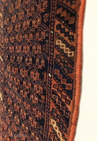 Antique Timuri Baluch Balisht. Circa 1900. Botehs sit on dark blue field. Great condition. Finely woven and reselvaged. 7 colors. 2’7” x 1’7”. Delicately hand washed.  
     