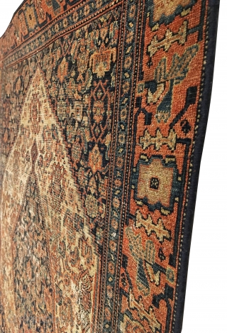 Antique Senneh Rug. 2nd Half 19th Century. Fine weave with even wear. Old resevlaged edges.  10 colors. 2’10 x 3’8. Delicately hand washed.         
