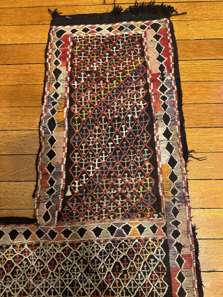 4’6” X 5’0” Shahsavan Soumak Horse Cover [SH-130]

Circa Antique. Three rows of three different animals. Flowing honeycomb lattice containing crosses. Woven in two panels joined in the center. Chocolate brown warps. Very  ...