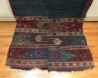 South-east Anatolian Aleppo Kilim.   Circa Early.  Rare turquoise blue field + old purple.  Rare enough to enter a Museum Collection as it is the second known example based  ...