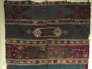 South-east Anatolian Aleppo Kilim.   Circa Early.  Rare turquoise blue field + old purple.  Rare enough to enter a Museum Collection as it is the second known example based  ...