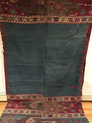 South-east Anatolian Aleppo Kilim.   Circa Early.  Rare turquoise blue field + old purple.  Rare enough to enter a Museum Collection as it is the second known example based  ...