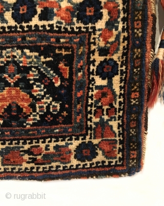 Antique Afshar Chanteh. Early 20th Century. Rare and fully intact small bag. A tribal treasure. Chevron kilim back. Mint condition considering age. Original sides. 7 colors. 1’0” x 1’1”. Carefully hand washed. 