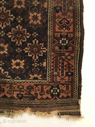 Baluch Rug.  Northeast Persia, Khorasan, Torbat-e-Haidari.  Last Quarter 19th Century.  Totemic Mina Khani flower border.  Dual striped lattice flower field.  Great condition.  5 colors.  71  ...