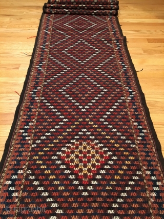 Yomud Flatweave Sumac Tent Band.  Central Asia, Turkmenistan.  Late 19th Century.  Rare purple-brown field.  Mint Condition.  7 colors.  42ft x 1ft 8in.  Clean and hand  ...