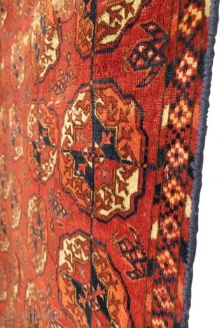 Antique Tekke Small Main Carpet. Mid 19th Century. 4 x 9 gul pattern. Extremely fine weave with piled rhombus elems containing light yellow. 7 colors. 3’0 x 4’11. Carefully hand washed.  