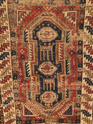 Antique Shirvan Keyhole Rug. 2nd Half 19th Century. Captivating serrated leaf border creates a vortex through the deep blue Keyhole medallion into a starry night sky. Good condition with soft, blanket like  ...