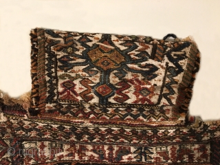 Antique Bakhtiari Salt Bag.  Circa 1900.  Ivory field.  Opposing bird head border encloses paired bird main border.  Central bird tree totem.  Fine weave.  All original sides.   ...