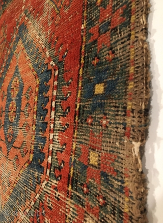 Early Caucasian Runner.  Karabagh district.  Possible Date/Inscription?  Serrated hexagonal medallions connect field.  Wool on cotton.  Strong green throughout.  No repairs.  Original condition.  Hanging wall  ...