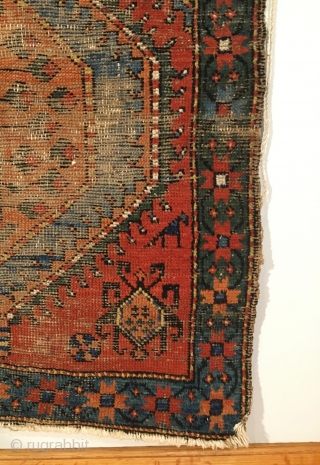 Early Caucasian Runner.  Karabagh district.  Possible Date/Inscription?  Serrated hexagonal medallions connect field.  Wool on cotton.  Strong green throughout.  No repairs.  Original condition.  Hanging wall  ...