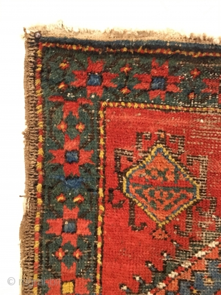 Early Caucasian Runner.  Karabagh district.  Possible Date/Inscription?  Serrated hexagonal medallions connect field.  Wool on cotton.  Strong green throughout.  No repairs.  Original condition.  Hanging wall  ...