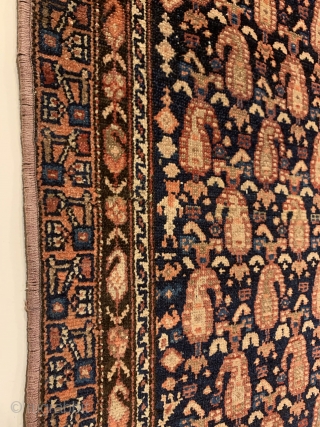 Antique Kurdish Long Rug. Glowing botehs dance to the left and right on a deep indigo blue field. The weaver and family appear on the leftest part of field. Original condition with  ...