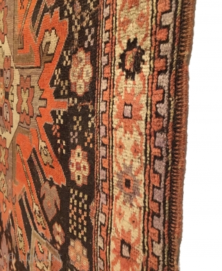 Antique Chelaberd Karabagh Rug. Last Quarter 19th Century. Madder and purple Eagle Gul on brown field. 7 colors. Good condition considering age, original selvage, rewoven end. 3’4 x 5’3. Delicately hand washed. 