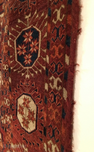 Tekke Turkmen Main Carpet fragment.  ETG Carpet, Group ETII (originally 10 x 5 gols), early 19th Century or before.  This rare carpet exhibits early Tekke design features put forth by  ...