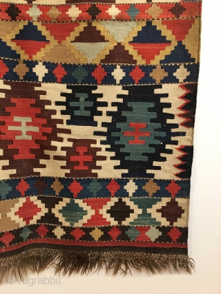 Antique Shirvan Kilim.  2nd Half 19th Century. 5 rows of stepped hexagonal medallions on ivory field.  Original macrame ends.  12 colors.  9’2” x 4’7”.  Delicately hand washed.  ...