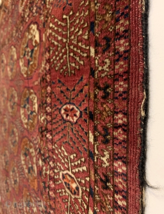 Antique Tekke Small Rug. Late 19th Century. Possible ceremonial or wedding piece. All saturated colors with old yellow, cochineal and madder throughout. Original condition with bits of original selvedge. 8 colors. 4’0”  ...