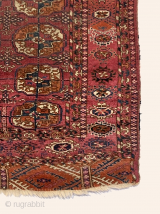 Antique Tekke Small Rug. Late 19th Century. Possible ceremonial or wedding piece. All saturated colors with old yellow, cochineal and madder throughout. Original condition with bits of original selvedge. 8 colors. 4’0”  ...