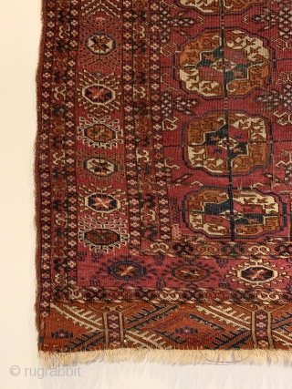 Antique Tekke Small Rug. Late 19th Century. Possible ceremonial or wedding piece. All saturated colors with old yellow, cochineal and madder throughout. Original condition with bits of original selvedge. 8 colors. 4’0”  ...