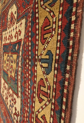 Early Tribal Kazak Prayer Rug. Inscribed Date 1261 = Circa 1845. Very good condition considering age with even wear. No repairs. 7 saturated colors. 2’2 x 3’11. Delicately hand washed.

Note the large  ...