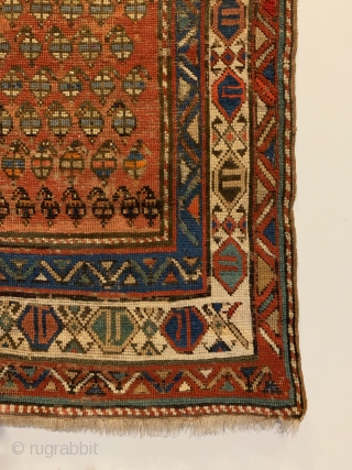 Antique Shahsavan Rug. Late 19th Century. Cerulean blue botehs sit on abrashed field. Unique bird design in border featured prominently on Shirvan Kilims. Original 4 sides. Minor tribal re-piling to field. 10  ...