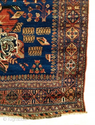 Antique Afshar Rug. 2nd Half 19th Century. Royal blue field with a central ‘Gul Farang’ design flanked by bunches of stylized blossoming branches and meandering outer vine, all within a terra-cotta cusped,  ...