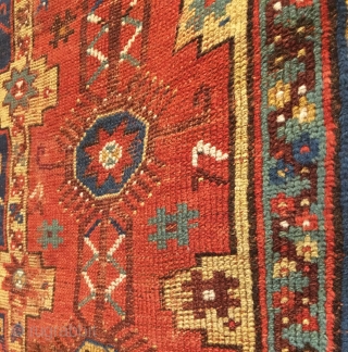 Antique Anatolian Megri (Makri). Mid 19th century. Turkish village double niche prayer rug. Saturated colors on silky wool. Original turquoise selvage. Slight loss to star motif ends. 4’2 x 5’5. 10 colors.  ...