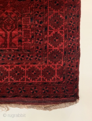 Antique Afghan Charshango Rug. First Quarter 20th Century. Northern Afghanistan. Two and three quarter octagonal guls dominate the rich madder red field. A rosette minor border flank ‘Ashik’ main border. Rosettes are  ...