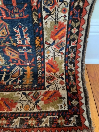 Antique Caucasian Karabagh Runner. SE Caucasus. Last Quarter 19th Century. Three rows of tree shrub forms surrounded by striking angled botehs on deep blue field. Beautiful repeating colorful blossomed flower border. 8  ...