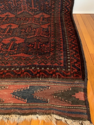 Antique Baluch Chakhansur Long Rug. Late 19th Century. Afghanistan. Rows of madder and undyed dark brown wool 'ashik' tree devices radiate a diagonal pattern. Dragon type totems are entwined. Excellent condition considering  ...