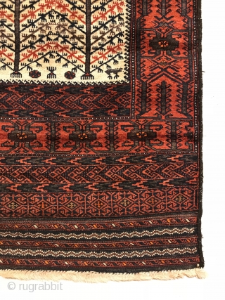 Antique Baluch Rug. Sangtschuli Tribe - Northwest Afghanistan. Bird tree main border frames a window viewing a forest. Flat-woven ends contain five horizontal stripes. Finely woven with soft, lustrous wool. Mint condition.  ...