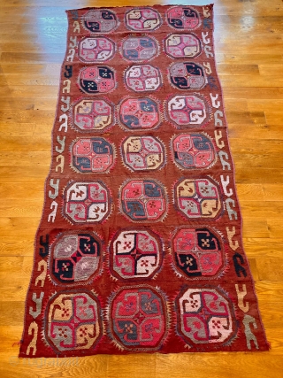 3’7” x 8’2” Uzbek Kilim [069]

An antique Uzbek kilim. Woven in narrow bands then woven together. Made from fine Karaqul sheep wool. Features a 3 x 8 gol pattern and was given  ...